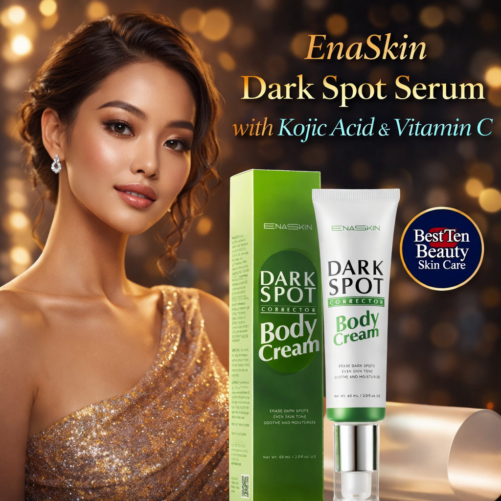 EnaSkin Dark Spot Remover for Face serum with kojic acid ingredients display]